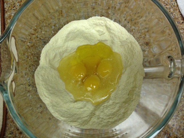 pasta dough: eggs in a well