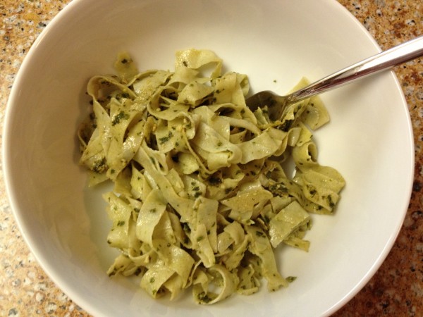 homemade semolina pasta with homemade pesto
